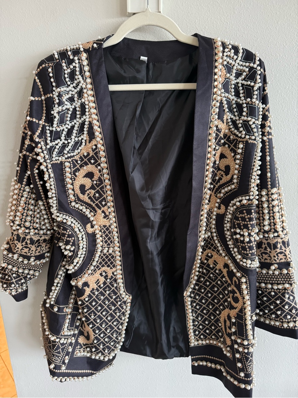 Embellished Black Beaded Open Jacket - Pearl & Gold Accents